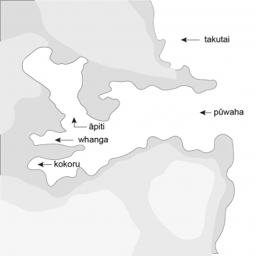 Drawing of a coastline with a harbour and bays. 